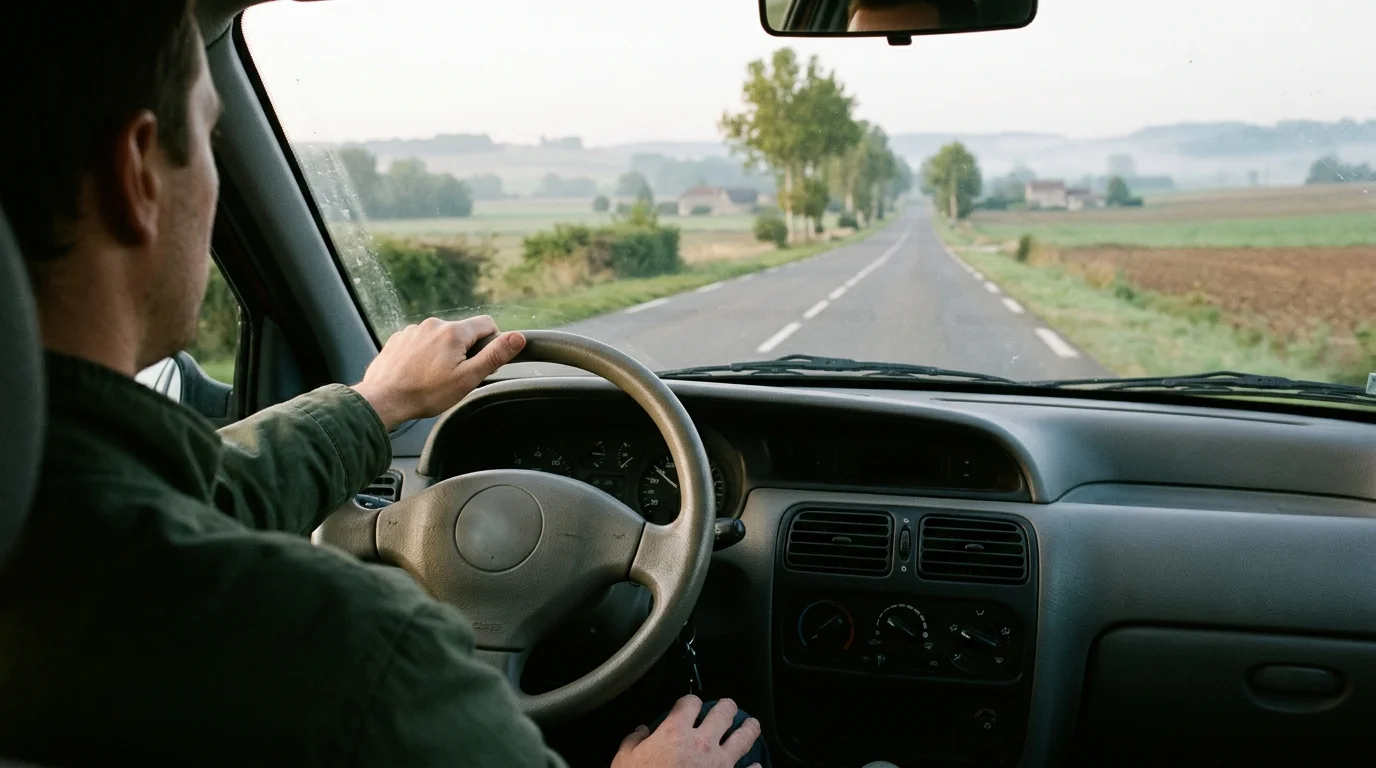 Une longue route régionale vue depuis l'intérieur d'une voiture au petit matin
