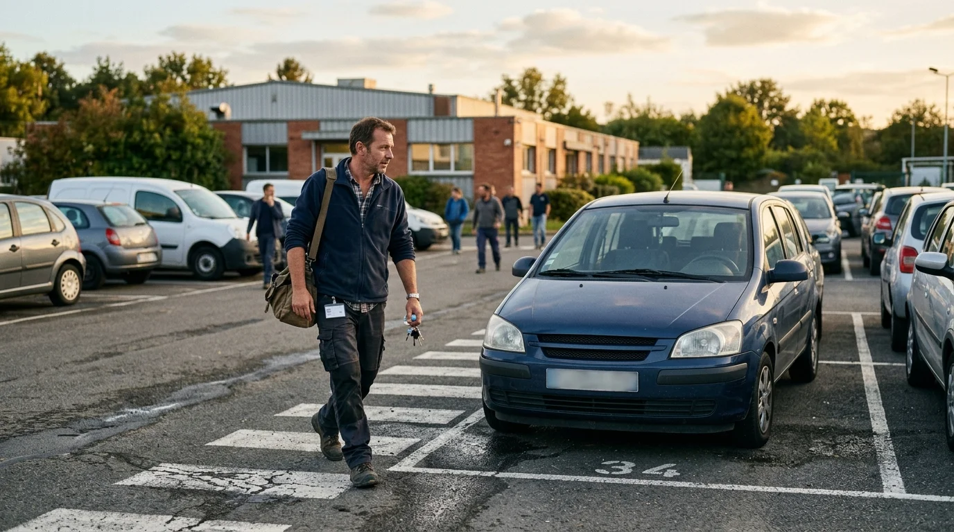 Un travailleur rejoint sa voiture compacte sur un parking en fin de journée